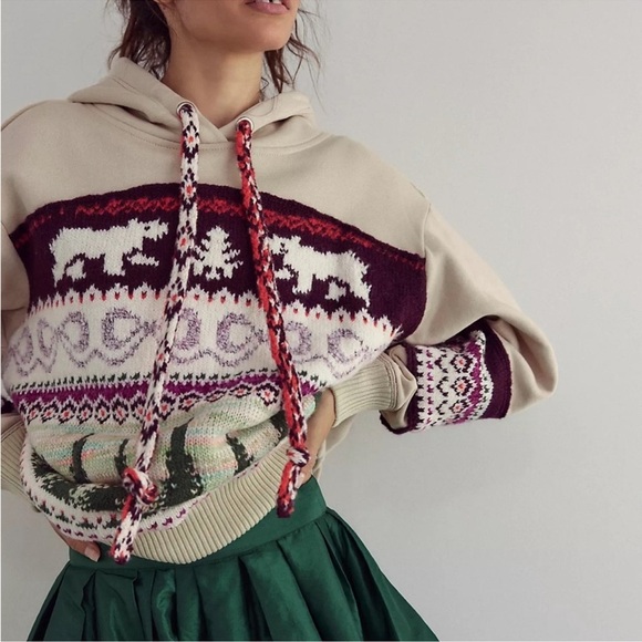 Free People Tops - Free People Lutz Knit Holiday Boho Coquette Sweatshirt Hoodie in Bear Combo XS